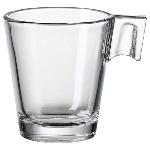 Clear glass mug, named GOTTFINNANDE, with a unique handle for easy grip.