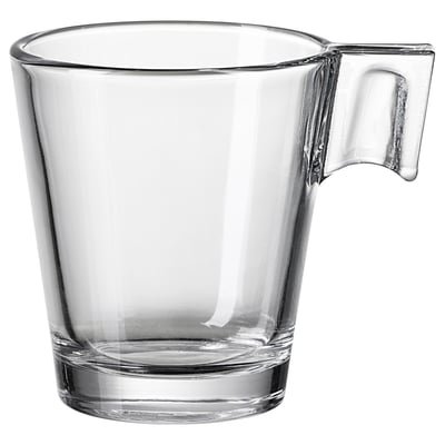 Clear glass mug, named GOTTFINNANDE, with a unique handle for easy grip.