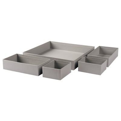 Set of gray organizational boxes in varying sizes, made from recycled paperboard.