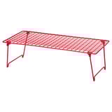 Bright red, foldable metal shoe rack, holding 3 pairs, modern design, easy to store.