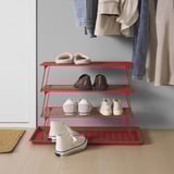 Bright red GREJIG shoe rack holds 3 pairs, neat & efficient. Folds for easy storage, ideal for hallways or closets.