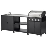 Black outdoor kitchen set with sink, grill, and storage. Stainless steel and powder-coated steel.