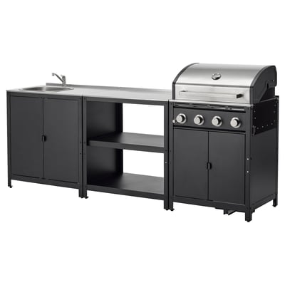 Black outdoor kitchen set with sink, grill, and storage. Stainless steel and powder-coated steel.