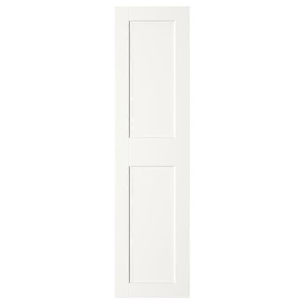 Displays GRIMO, a white two-panel door with a modern yet classic design, featuring a bevelled edge frame.