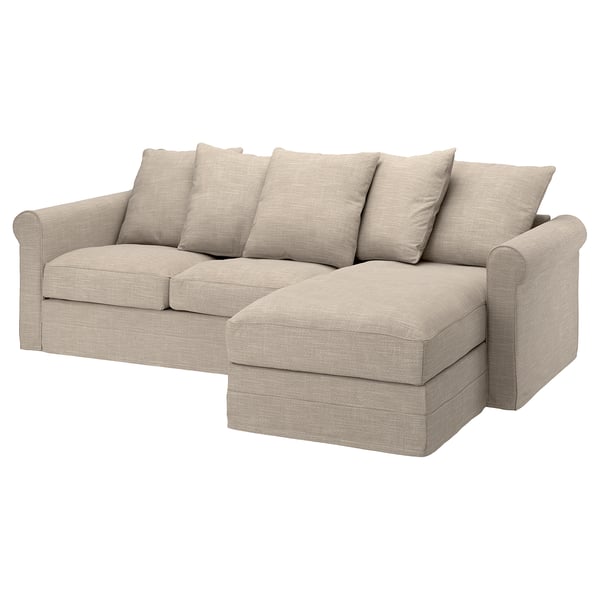 Gray, l-shaped sofa with rolled arms and five pillows, designed for comfort and style.