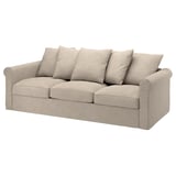 GRÖNLID sofa, beige, rolled arms, plush cushions, neutral fabric.