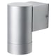 A silver outdoor wall light, GRÖNSPRÖT, with a moisture-resistant, sleek cylindrical shape.