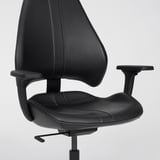 Black leather office chair with adjustable armrests, back, and headrest. High-quality, ergonomic design for comfort and support.