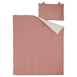 GULDVÄVARE baby bed set in soft pink organic cotton muslin. Includes duvet, pillow, and fitted sheet with playful ears design.