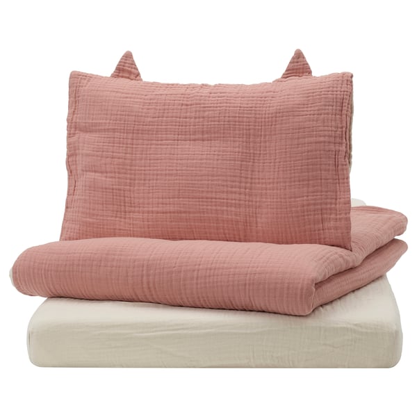 GULDVÄVARE soft pink baby bedding set, featuring ears on pillow, in organic cotton muslin.