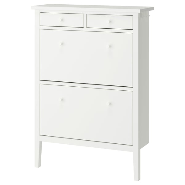A white GULLABERG shoe cabinet with traditional design, featuring multiple compartments and drawers.
