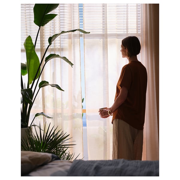 HÄLLEBRÄCKA Sheer curtains, 1 pair, light beige/with heading tape, 145x300 cm