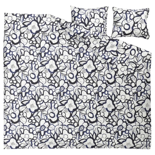 HÄRLIR Duvet cover and 2 pillowcases, white black/blue floral pattern, 240x220/50x60 cm