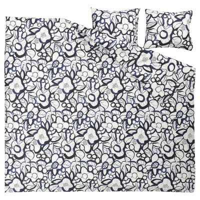 HÄRLIR Duvet cover and 2 pillowcases, white black/blue floral pattern, 240x220/50x60 cm