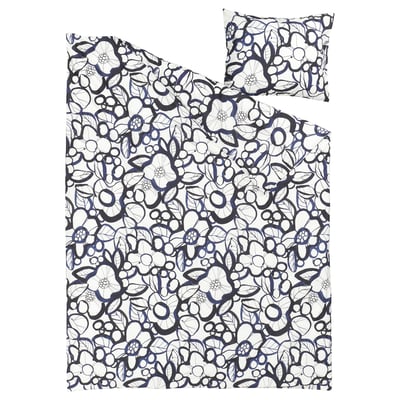HÄRLIR Duvet cover and pillowcase, white black/blue floral pattern, 150x200/50x60 cm