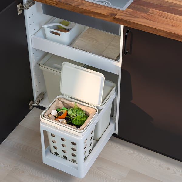 Under-sink compost bin: HÅLLBAR, white, plastic, rectangular, pull-out.