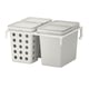 Two white waste sorting bins, one with holes, mounted side by side on a support frame.