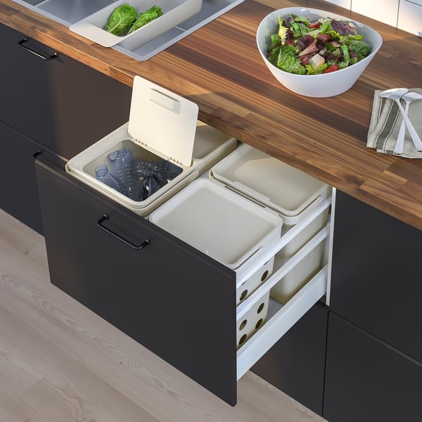 Kitchen recycling bin: HÅLLBAR, white, plastic, rectangular with lids.