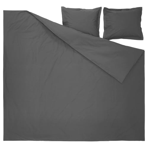 Dark grey bed set, 3-pc, smooth cotton, crisp lines, envelope pillowcases.