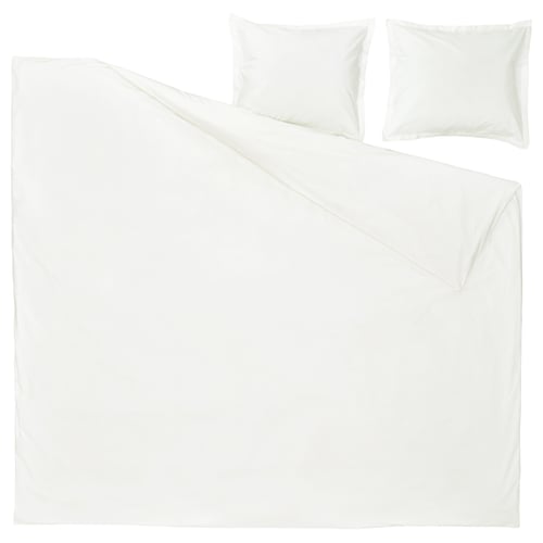 Flat lay of white HAMPFLOCKEL bedding set: duvet and pillowcases in crisp cotton percale with envelope closure.