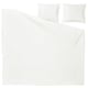 Flat lay of white HAMPFLOCKEL bedding set: duvet and pillowcases in crisp cotton percale with envelope closure.