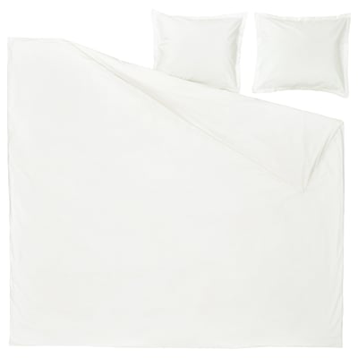 Flat lay of white HAMPFLOCKEL bedding set: duvet and pillowcases in crisp cotton percale with envelope closure.