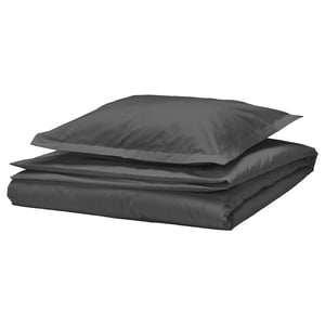 Dark grey HAMPFLOCKEL duvet and pillow covers, folded, 100% cotton.