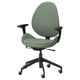 Green ergonomic office chair HATTEFJÄLL. Armrests, adjustable backrest, and casters. Black base.