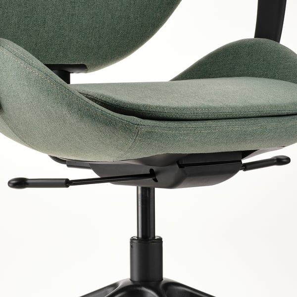 Green office chair with black base, adjustable seat and armrests, sync tilt mechanism for ergonomic support.