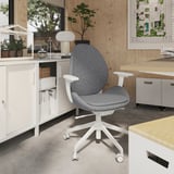 Modern gray office chair with white base, armrests, and ergonomic design, positioned in a stylish workspace.