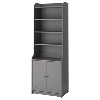 A gray HAUGA storage cabinet with an open top and two closed doors, ideal for versatile home use with a traditional design.