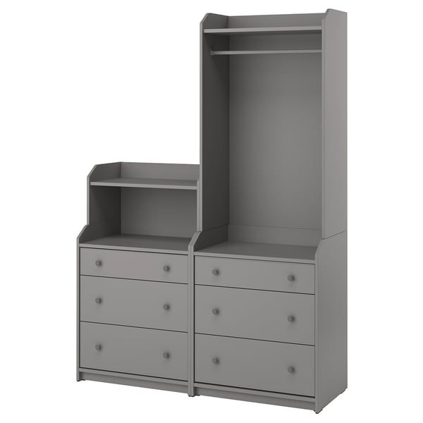 Displays a gray HAUGA furniture unit with dressers and an open wardrobe. The unit combines drawers and shelves for versatile storage.