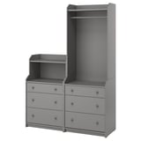 Displays a gray HAUGA furniture unit with dressers and an open wardrobe. The unit combines drawers and shelves for versatile storage.
