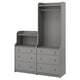 Option: Displays a gray HAUGA furniture unit with dressers and an open wardrobe. The unit combines drawers and shelves for versatile storage.