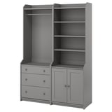 HAUGA gray closet combo: 3 shelves, 3 drawers, hang rod, traditional style.