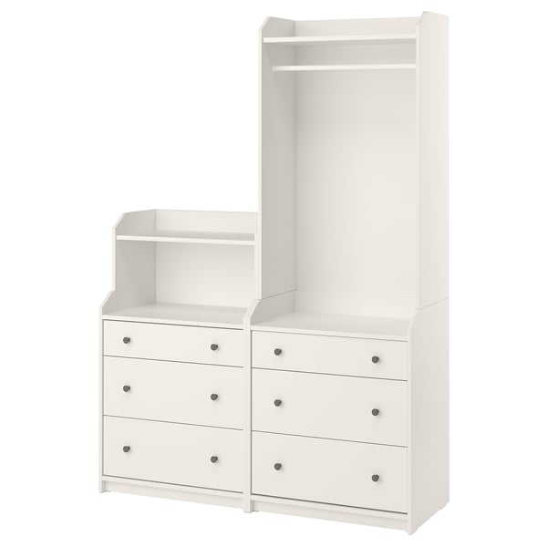 HAUGA white furniture set: 3-drawer dresser, shelving, tall wardrobe with hanging rail. Modern, minimalist design for organized storage.