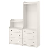 HAUGA white furniture set: 3-drawer dresser, shelving, tall wardrobe with hanging rail. Modern, minimalist design for organized storage.