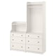 HAUGA white furniture set: 3-drawer dresser, shelving, tall wardrobe with hanging rail. Modern, minimalist design for organized storage.