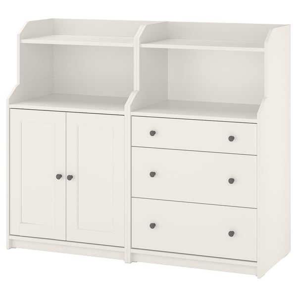 A white HAUGA storage unit with cabinets and drawers, combining open and closed storage in a traditional style.