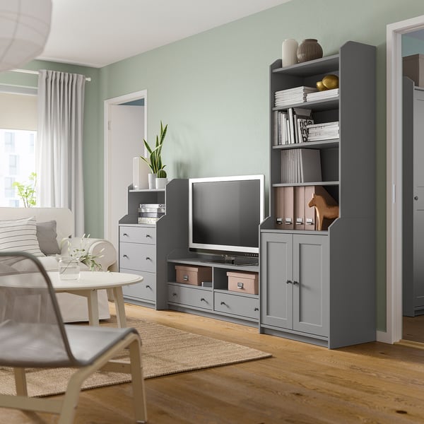 Gray HAUGA living room set with tv bench, cabinets, and drawers.