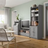 Gray HAUGA living room set with tv bench, cabinets, and drawers.