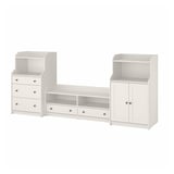 Three-piece white HAUGA furniture set: dresser, open shelf, and cabinet with mixed storage, sleek modern design.
