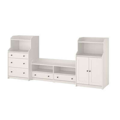 Three-piece white HAUGA furniture set: dresser, open shelf, and cabinet with mixed storage, sleek modern design.