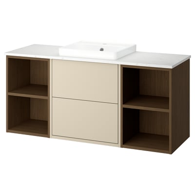 A beige wood bathroom vanity with open and closed storage, featuring a white marble countertop and a rectangular white sink.