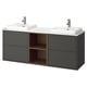 Option: HAVBÄCK dual sink vanity, dark grey, sleek modern design with open shelving and storage, includes white countertop and two square ceramic basins.