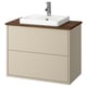 HAVBÄCK vanity: beige, wood top, wall-mount, 2 drawers, ceramic sink, modern design.