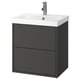 A HAVBÄCK bathroom vanity in dark grey with a white ceramic sink. The modern design two spacious drawers for storage.