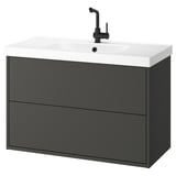 Modern grey wall-mounted bathroom vanity with white countertop and sink, black faucet.