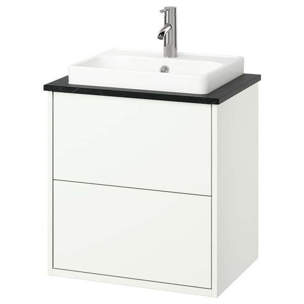 White wall-mounted bathroom cabinet with a black countertop and sink.