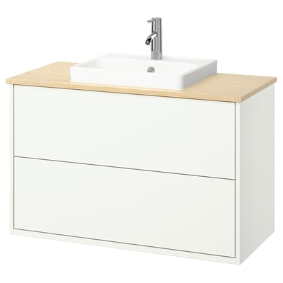 Modern white wall-mounted bathroom vanity with wooden countertop and rectangular sink.